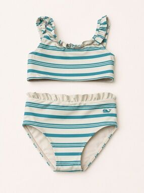 Vineyard Vines Girls Bikini Set Size 4T Teal Stripe Ruffle 2PC Swim